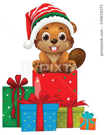 Cute Cartoon Beaver Wearing Santa Hat Sitting on Christmas Gift Boxes Cute Cartoon Beaver Wearing Santa Hat Sitting on Christmas Gift Boxes 140659375