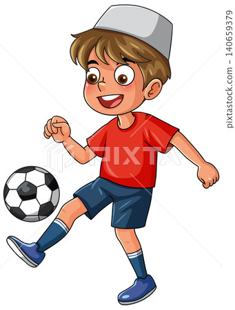 Young Muslim Boy Playing Soccer in Red Shirt and White Cap Young Muslim Boy Playing Soccer in Red Shirt and White Cap 140659379