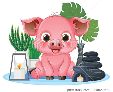 Cute Cartoon Piglet Relaxing in a Spa with Tropical Plants Cute Cartoon Piglet Relaxing in a Spa with Tropical Plants 140659380