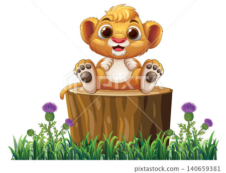 Cute Cartoon Lion Cub Sitting on a Tree Stump in Grass Cute Cartoon Lion Cub Sitting on a Tree Stump in Grass 140659381