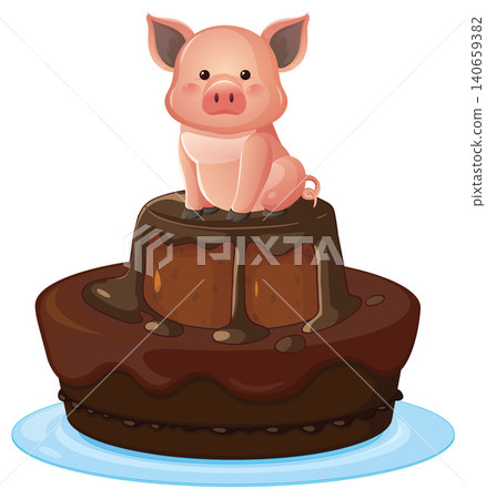 Pink Piglet Character Sitting Atop a Layered Chocolate Dessert Illustration Pink Piglet Character Sitting Atop a Layered Chocolate Dessert Illustration 140659382