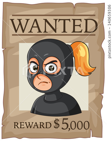 Cartoon Wanted Poster With Female Burglar Illustration Cartoon Wanted Poster With Female Burglar Illustration 140659386