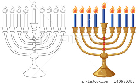 Hanukkah Menorah Vector Illustration in Color and Line Art Style Hanukkah Menorah Vector Illustration in Color and Line Art Style 140659393