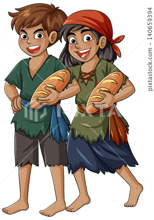 Two Smiling Children in Ragged Clothes Holding Bread Loaves Two Smiling Children in Ragged Clothes Holding Bread Loaves 140659394