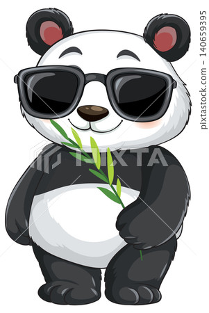 Cute Cartoon Giant Panda Wearing Sunglasses and Holding a Bamboo Stalk Cute Cartoon Giant Panda Wearing Sunglasses and Holding a Bamboo Stalk 140659395
