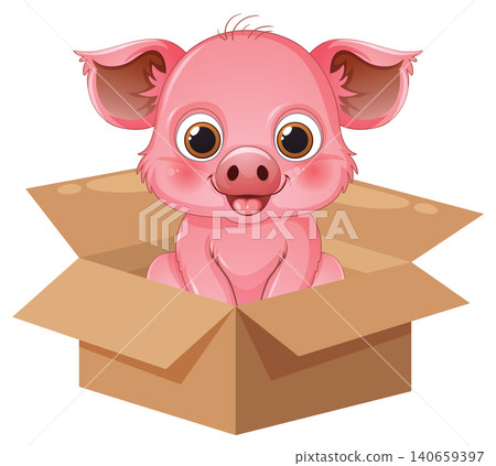 Cute Pink Cartoon Piglet Sitting Inside an Open Cardboard Box Cute Pink Cartoon Piglet Sitting Inside an Open Cardboard Box 140659397