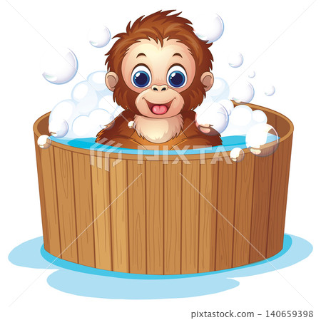 Cartoon Orangutan Character Taking a Bubble Bath in a Wooden Tub Cartoon Orangutan Character Taking a Bubble Bath in a Wooden Tub 140659398