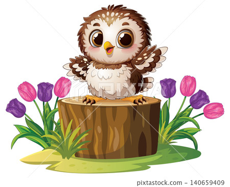 Cute Cartoon Baby Owl Sitting on a Tree Stump with Tulips 140659409