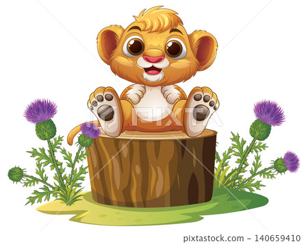 Cute Cartoon Lion Cub Sitting on a Tree Stump with Thistles 140659410