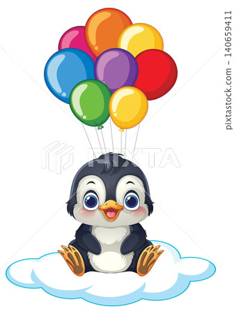 Cute Cartoon Penguin Floating on Cloud with Colorful Balloons 140659411