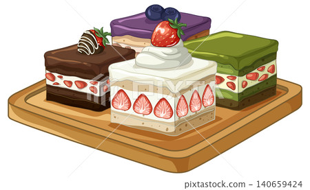 Assorted Gourmet Cake Slices with Fresh Fruit Toppings on Wooden Board Assorted Gourmet Cake Slices with Fresh Fruit Toppings on Wooden Board 140659424