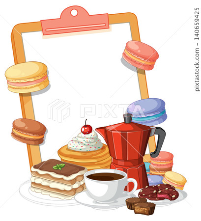 Clipboard Frame with Coffee Desserts and Macarons Vector Illustration Clipboard Frame with Coffee Desserts and Macarons Vector Illustration 140659425