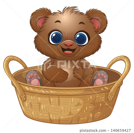 Adorable Brown Bear Cub Sitting in a Woven Wicker Basket Illustration Adorable Brown Bear Cub Sitting in a Woven Wicker Basket Illustration 140659427