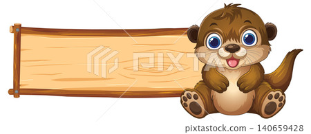 Cute Cartoon Otter Sitting Beside Blank Wooden Signboard Illustration 140659428