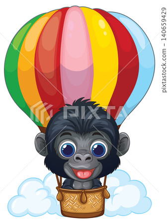 Cartoon Baby Gorilla Flying in a Colorful Hot Air Balloon 140659429