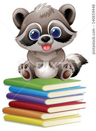 Cute Cartoon Raccoon Sitting on a Stack of Colorful Books Cute Cartoon Raccoon Sitting on a Stack of Colorful Books 140659446