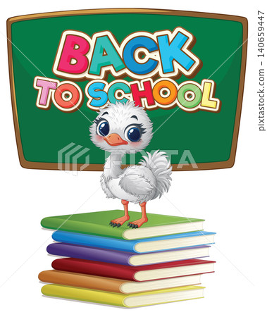 Cartoon Baby Ostrich Standing on a Stack of Books 140659447