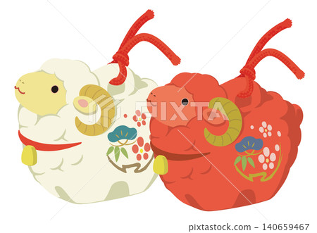 可愛的綿羊黏土鈴鐺插圖（紅白套裝） 140659467