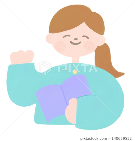 一幅北歐風格的插畫,描繪了一位手持書籍揮手的女子。 一幅北歐風格的插畫,描繪了一位手持書籍揮手的女子。 140659532