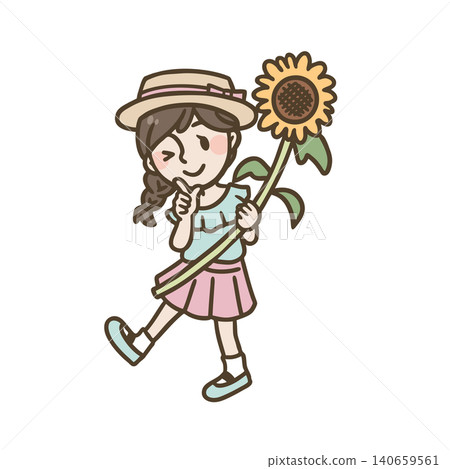 一位手捧向日葵、面帶微笑的女孩——一幅夏日假期的插圖。 140659561