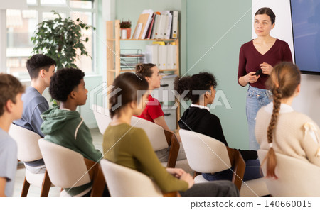 Female teacher explaining educational topic to teenage students Female teacher explaining educational topic to teenage students 140660015