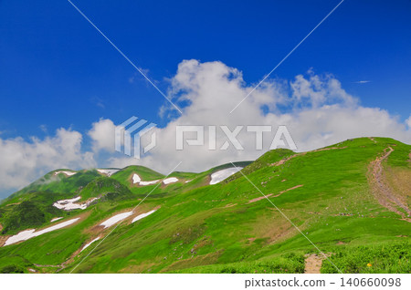 A clear blue sky after the end of the rainy season, with rising clouds and the green slopes and remaining snow of Mount Chokai. A clear blue sky after the end of the rainy season, with rising clouds and the green slopes and remaining snow of Mount Chokai. 140660098