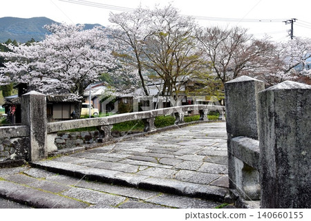 福岡縣朝倉市秋月城下町(秋月城遺址):目鳥川上的眼鏡橋和盛開的櫻花。 福岡縣朝倉市秋月城下町(秋月城遺址):目鳥川上的眼鏡橋和盛開的櫻花。 140660155