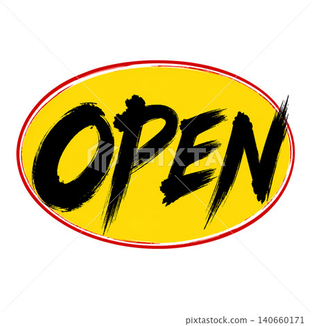 OPEN / Yellow oval, black text, brush lettering, handwritten, open POP material OPEN / Yellow oval, black text, brush lettering, handwritten, open POP material 140660171