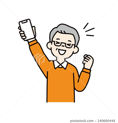 Vector illustration of the upper body of an elderly man/grandfather/old man who is overjoyed to show off his smartphone screen. Vector illustration of the upper body of an elderly man/grandfather/old man who is overjoyed to show off his smartphone screen. 140660448