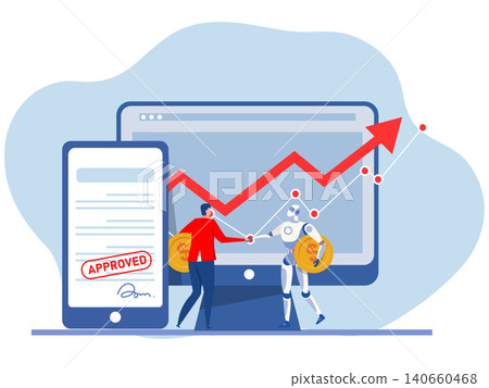human with robot a deal on a laptop with a growth chart ,stock market concept ai agreements concept vector human with robot a deal on a laptop with a growth chart ,stock market concept ai agreements concept vector 140660468