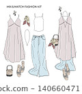 Dress-up fashion kit: Illustration of a layered outfit featuring a slip camisole dress and wide-leg pants. Dress-up fashion kit: Illustration of a layered outfit featuring a slip camisole dress and wide-leg pants. 140660471