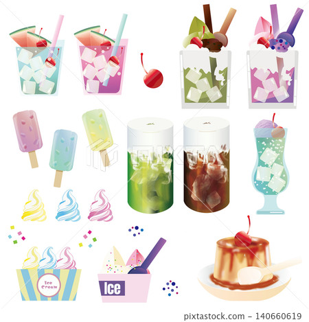 A set of illustrations of summer sweets and cold drinks (ice cream, parfait, float). A set of illustrations of summer sweets and cold drinks (ice cream, parfait, float). 140660619