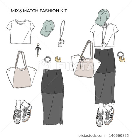 Dress-up fashion kit: Sporty mix outfit illustration with cap and sheer skirt 140660825