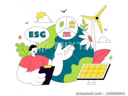 Environmental Social Governance Vector Illustration Featuring ESG Reporting, Sustainable Business Practices, Renewable Energy, and Green Investment 140660943