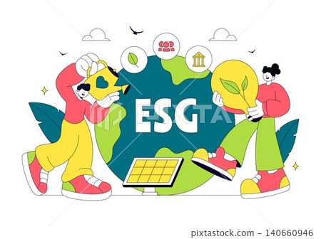 Environmental Social Governance Vector Illustration Featuring ESG Reporting, Sustainable Business Practices, Renewable Energy, and Green Investment 140660946