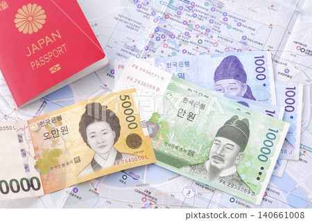 使用日本護照(普通10年紅色護照)和韓幣韓元紙幣規劃您的韓國之旅。 使用日本護照(普通10年紅色護照)和韓幣韓元紙幣規劃您的韓國之旅。 140661008
