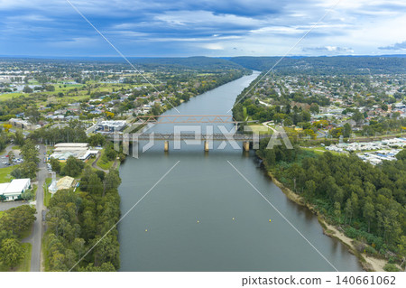 Aerial view of the Victoria Bridge running over the Nepean River in Penrith Aerial view of the Victoria Bridge running over the Nepean River in Penrith 140661062