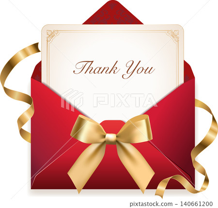 An elegant thank-you card with a red envelope and gold ribbon. 140661200
