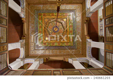 View of the sumptuous Arab-Andalusian style architecture in the Zawiya of Moulay Idriss II in Fez 140661203