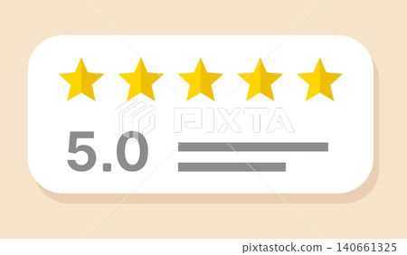 5.0 star rating card illustration with golden stars, large score number and gray text lines on beige background, clean flat vector design for customer review, feedback, satisfaction service quality 5.0 star rating card illustration with golden stars, large score number and gray text lines on beige background, clean flat vector design for customer review, feedback, satisfaction service quality 140661325