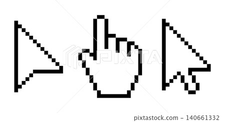 Pixel cursor icon set illustration with arrow pointer, hand click cursor and mouse pointer in black, clean retro pixel art design for web interface, digital navigation and computer UI elements Pixel cursor icon set illustration with arrow pointer, hand click cursor and mouse pointer in black, clean retro pixel art design for web interface, digital navigation and computer UI elements 140661332