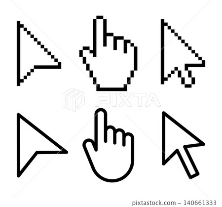 Pixel and outline cursor icon set illustration with arrow pointer and hand click symbols in black, clean web interface design for mouse selection, digital navigation, app UI and computer control Pixel and outline cursor icon set illustration with arrow pointer and hand click symbols in black, clean web interface design for mouse selection, digital navigation, app UI and computer control 140661333
