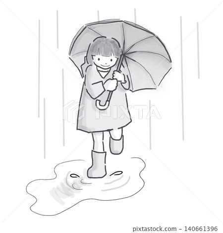 A watercolor-style monochrome illustration of a girl walking happily in the rain with an umbrella. A watercolor-style monochrome illustration of a girl walking happily in the rain with an umbrella. 140661396