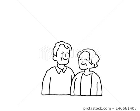 An illustration of the upper bodies of an elderly couple gazing at each other and smiling, line drawing. An illustration of the upper bodies of an elderly couple gazing at each other and smiling, line drawing. 140661405