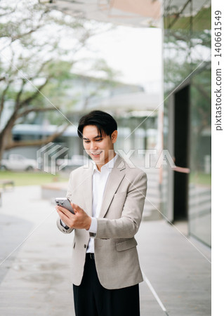 Asian businessman using smartphone outside modern office, mobile business, digital communication, startup growth, online success and professional lifestyle concept. Asian businessman using smartphone outside modern office, mobile business, digital communication, startup growth, online success and professional lifestyle concept. 140661549
