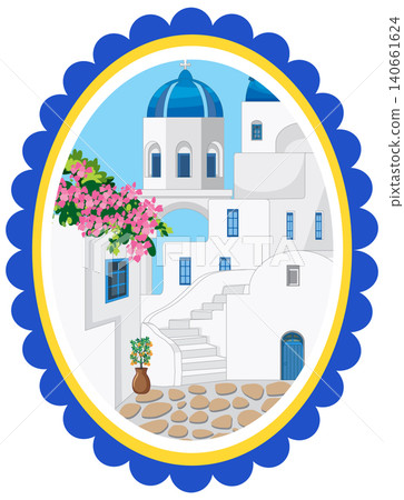 Mediterranean Coastal Village Vector Illustration with Blue Domes and Flowers 140661624