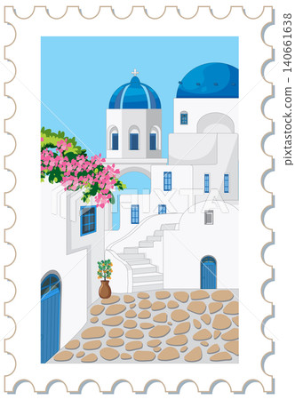 Mediterranean Village Postage Stamp Illustration with Blue Domes and Flowers Mediterranean Village Postage Stamp Illustration with Blue Domes and Flowers 140661638