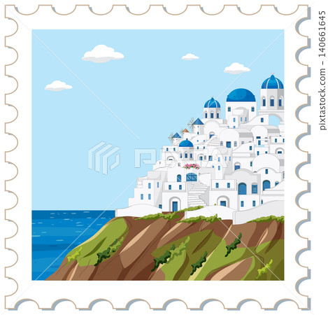 Vector Illustration of Mediterranean Coastal Village on a Decorative Postage Stamp 140661645
