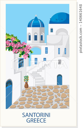 Mediterranean Coastal Village Illustration with Blue Domes and White Architecture Mediterranean Coastal Village Illustration with Blue Domes and White Architecture 140661648