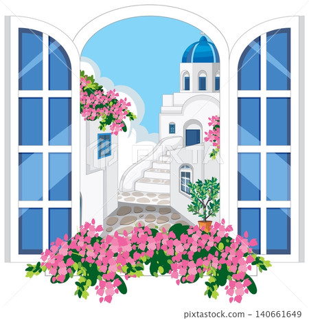 Mediterranean Village View Through Open White Window with Pink Flowers Mediterranean Village View Through Open White Window with Pink Flowers 140661649